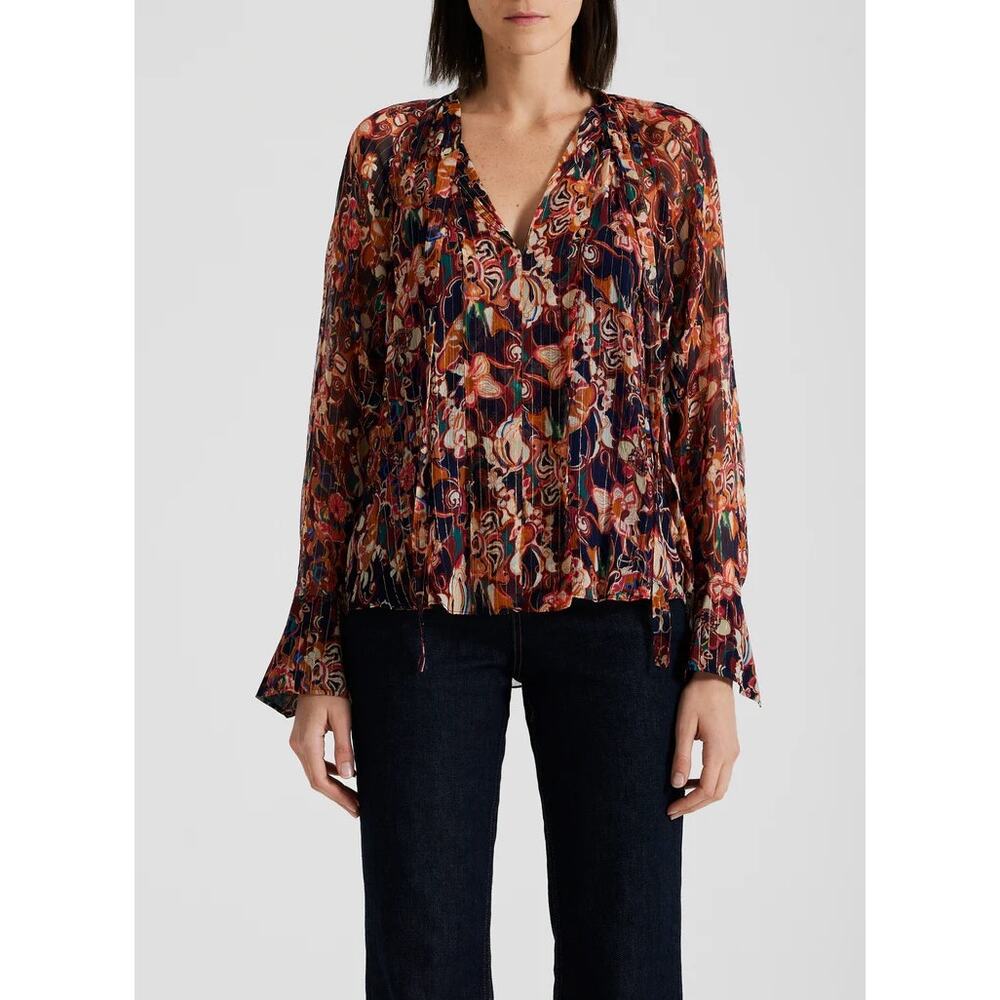 A.L.C. Frida Silk Top Semi Sheer Blouse Size 2 Port Wine Multi Billowy Flowy